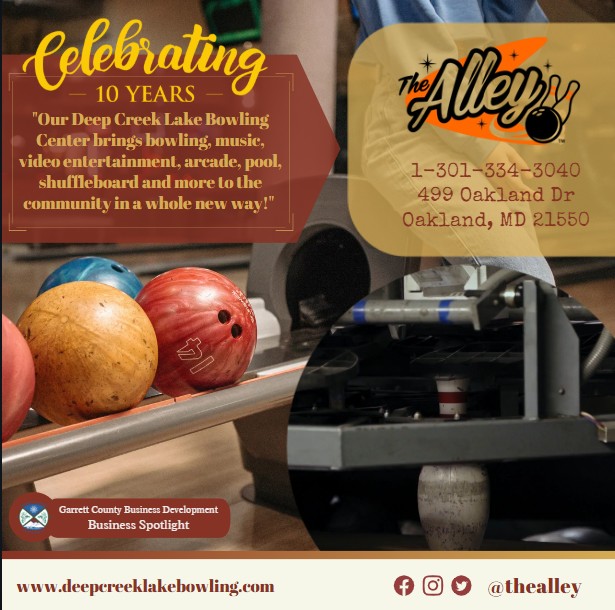 Todays Business Spotlight 🎳is on The Alley! 
Visit them at www.deepcreeklakebowling.com or The Alley 
Follow us to see more daily Garrett County Business Spotlights!
If you are interested in having your business featured contact Connor Norman at cnorman@garrettcountymd.gov. #BusinessDevelopment #garrettcountymd 